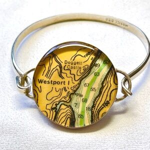 Chart Hand-signed Westport Map Design Silver Cuff Bracelet